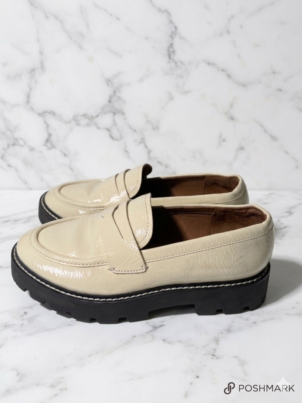 Franco Sarto Balin Lug Sole Loafers Putty Cream Ivory Patent Penny Loafer 7W